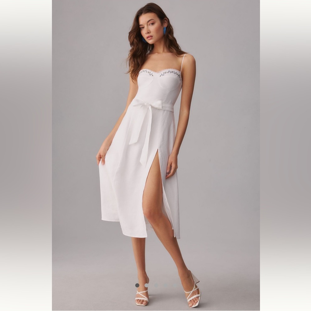 Reformation Kieryn Linen Dress White with Floral Embroidery